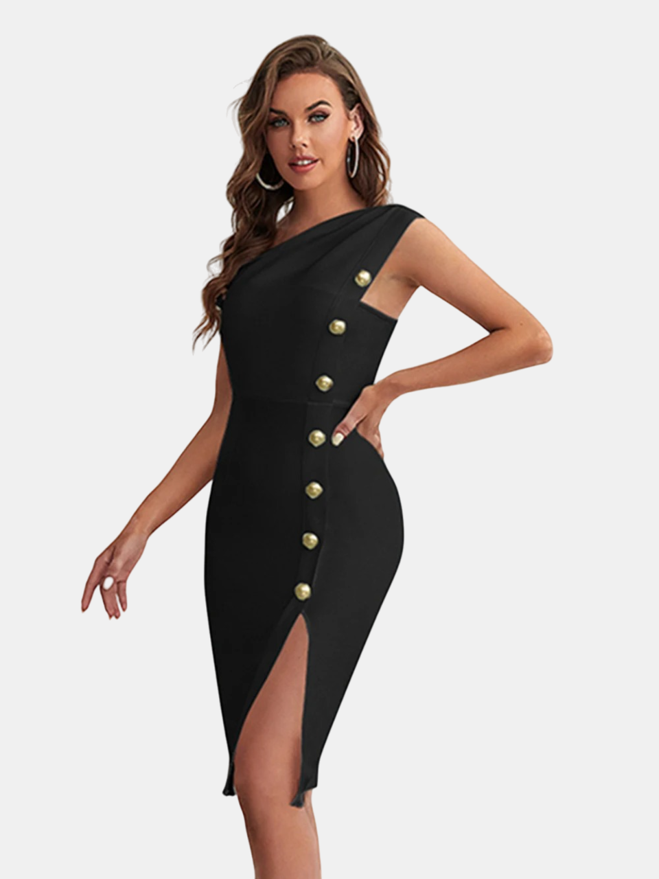 Elegante zwarte midi-jurk met één schouder