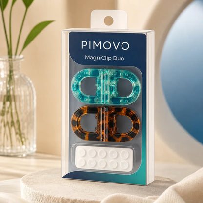 PIMOVO MagniClip Duo -pakkaus, turkoosi ja kilpikonnakuvioinen ruskea magneettinen hiusklipsi sekä säilytysalusta