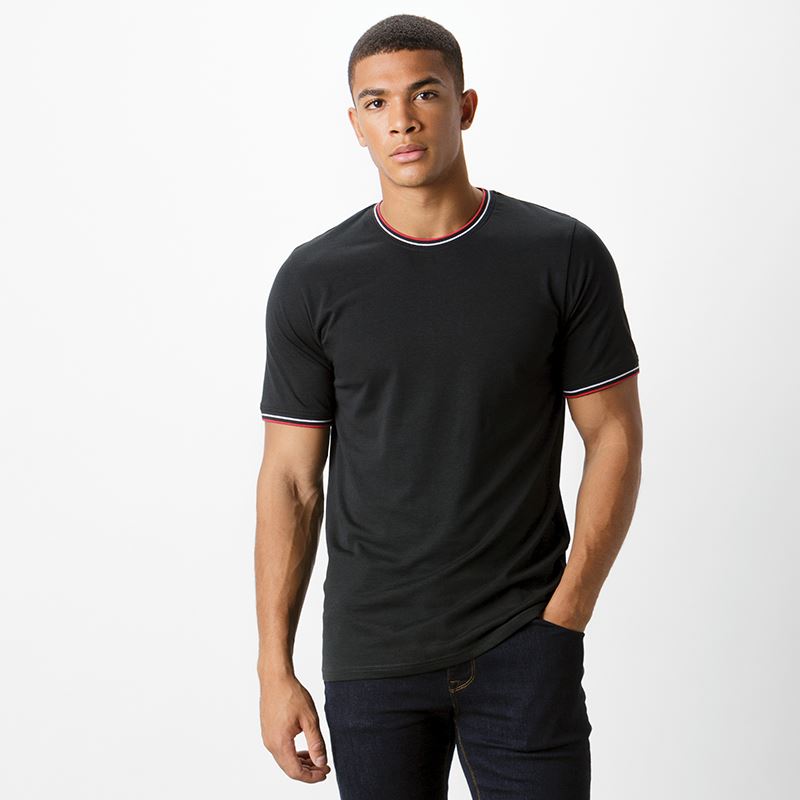 T-shirt met contrasterende bies voor heren - Zwart/Wit/Rood