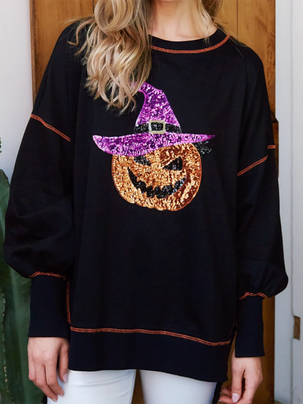 Halloween-sweatshirt voor dames met pompoen en tovenaar van pailletten