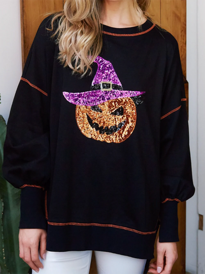 Halloween-sweatshirt voor dames met pompoen en tovenaar van pailletten