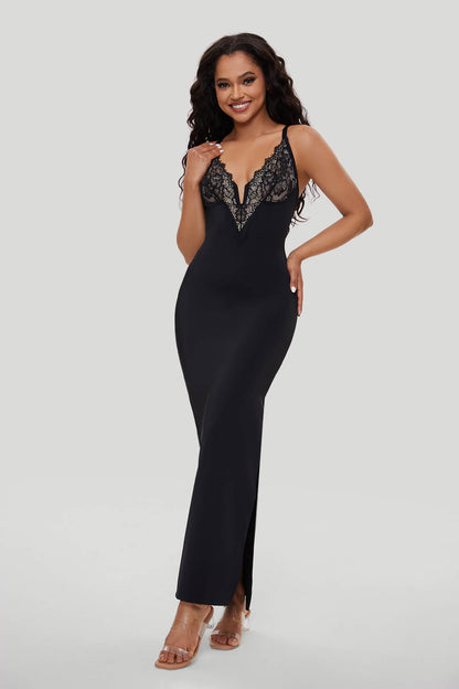 Maxi-jurk van kant met diepe V-hals en ingebouwde shapewear