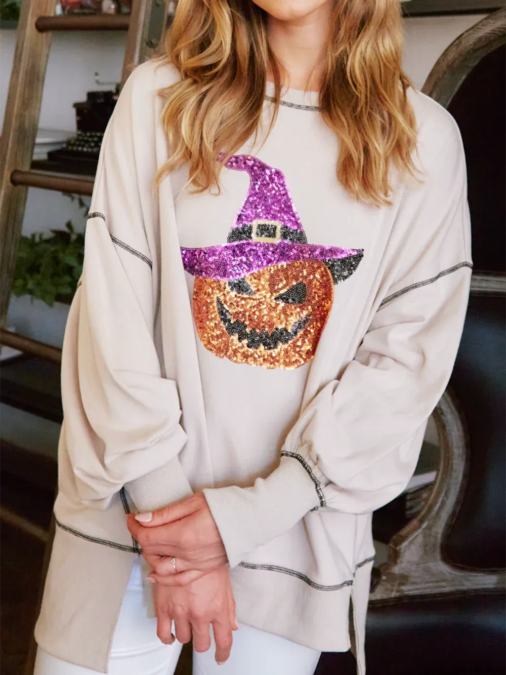 Halloween-sweatshirt voor dames met pompoen en tovenaar van pailletten