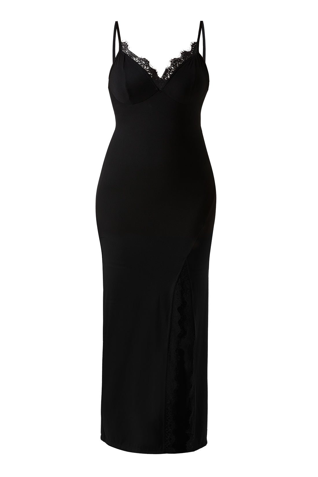 Maxi-jurk van kant met spaghettibandjes en split, met ingebouwde shapewear