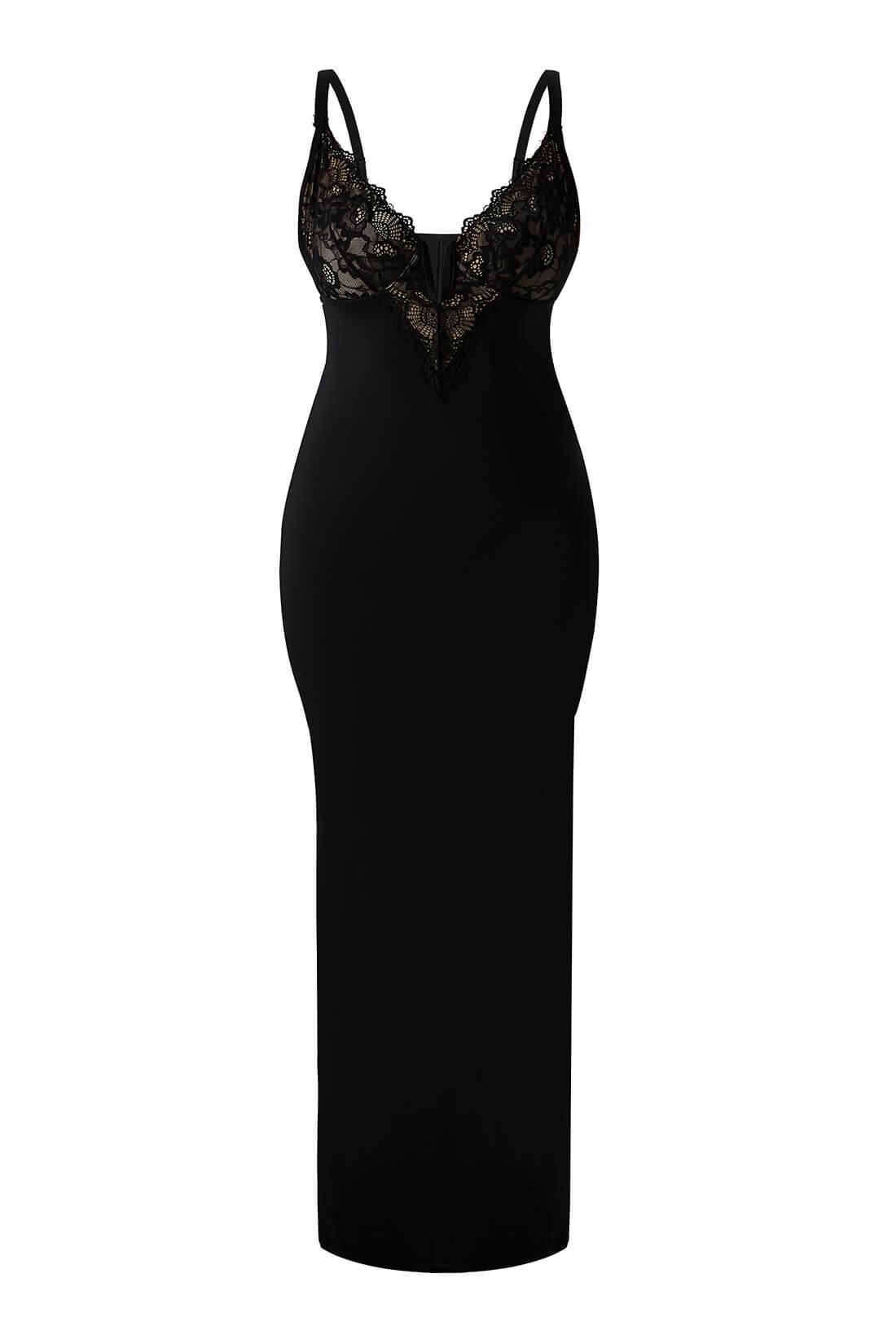 Maxi-jurk van kant met diepe V-hals en ingebouwde shapewear