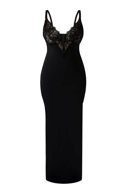 Maxi-jurk van kant met diepe V-hals en ingebouwde shapewear
