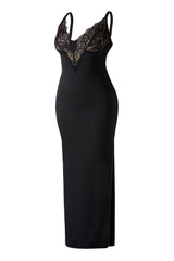 Maxi-jurk met kant en diepe V-hals en ingebouwde shapewear
