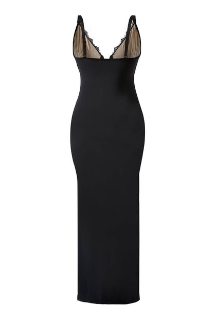 Maxi-jurk van kant met diepe V-hals en ingebouwde shapewear