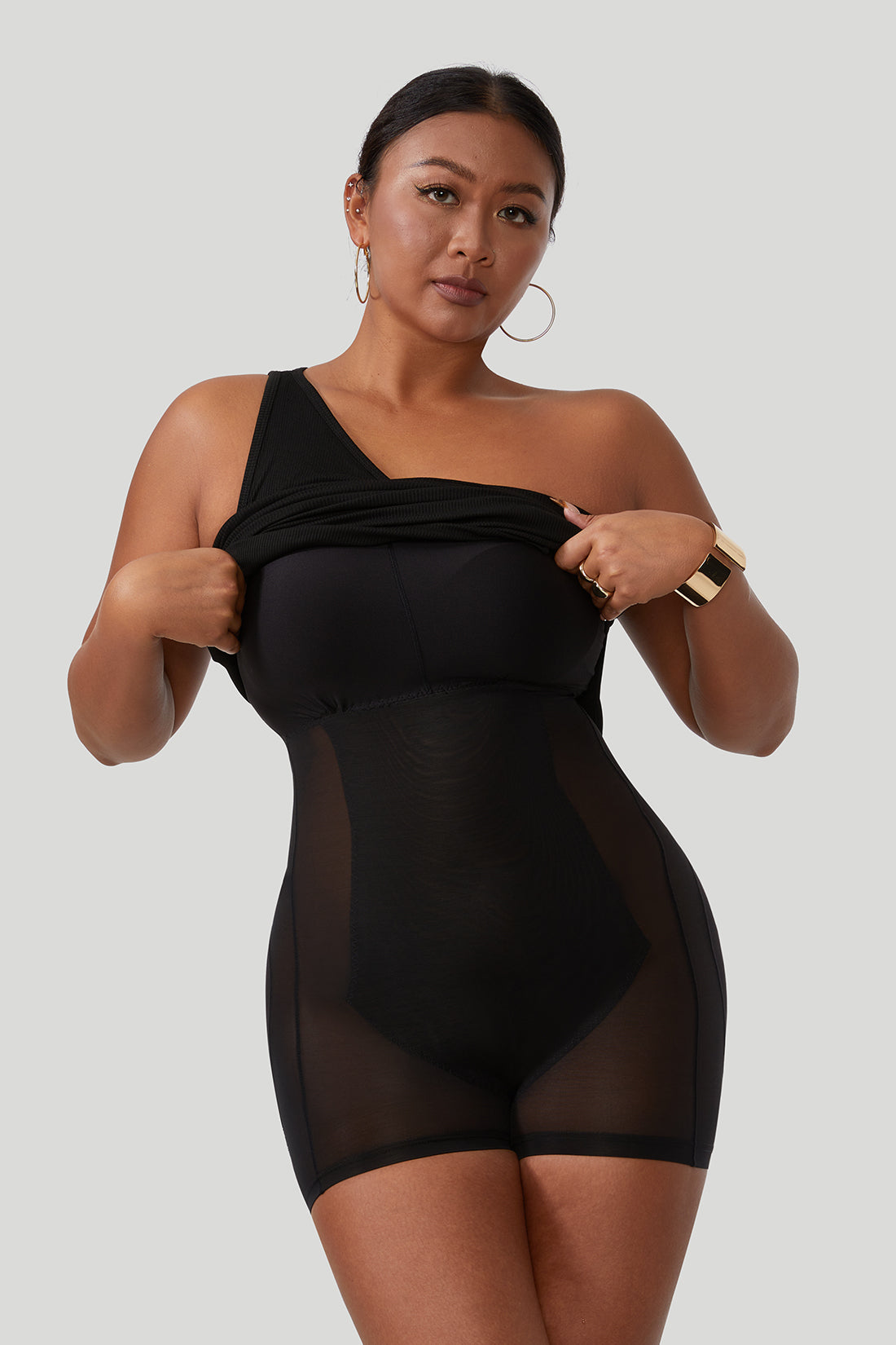 Mini-jurk met één schouder en ingebouwde shapewear