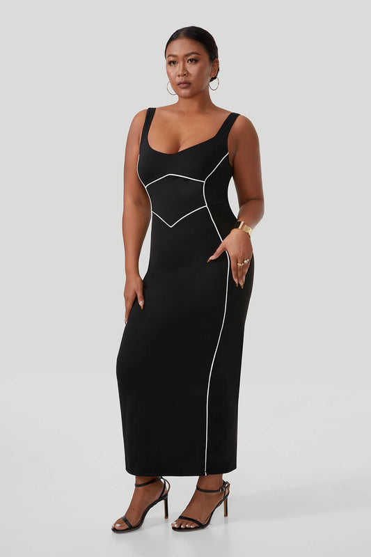 Maxi-jurk met contrasterende kleuren en ingebouwde shapewear