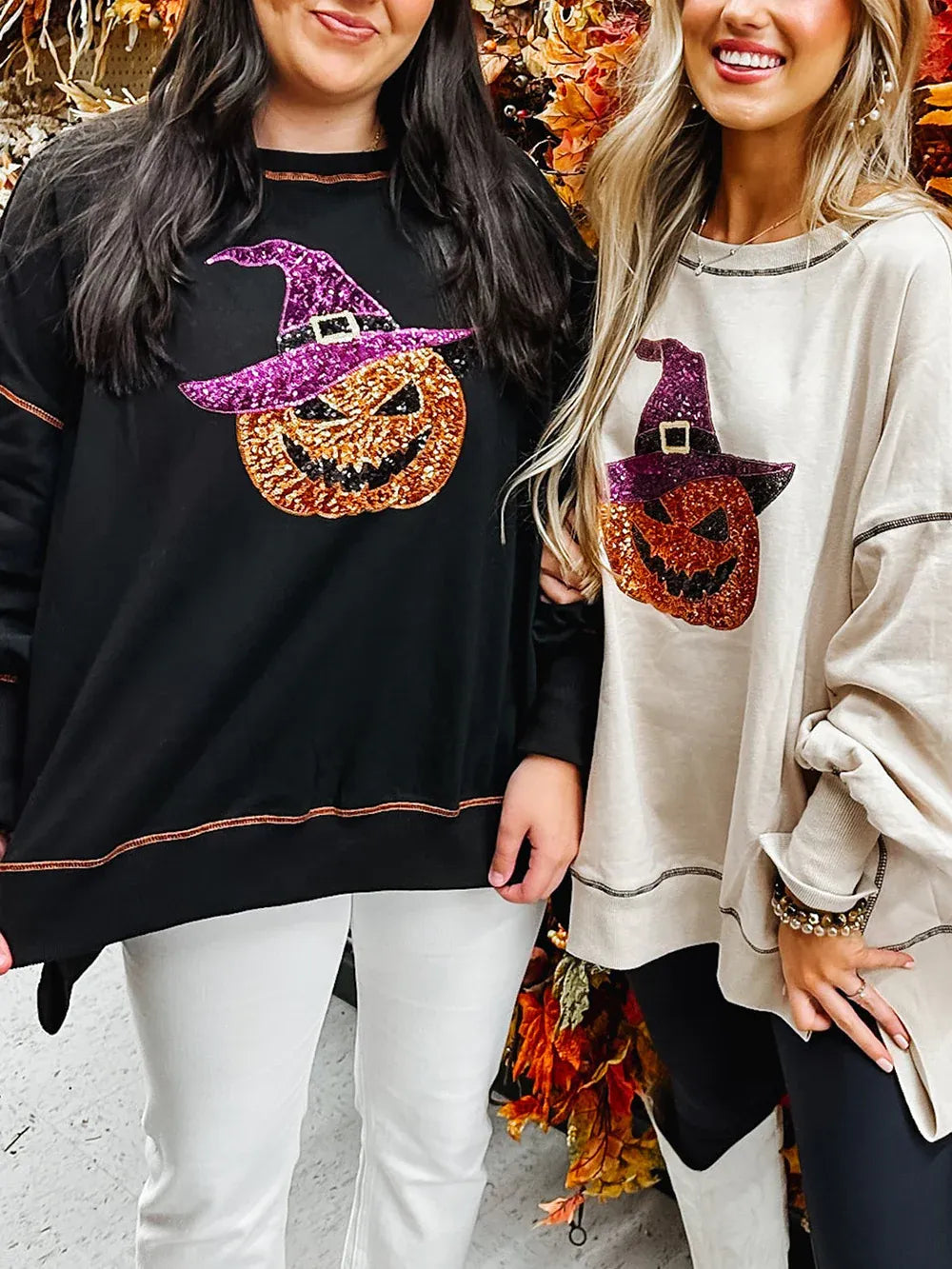 Halloween-sweatshirt voor dames met pompoen en tovenaar van pailletten