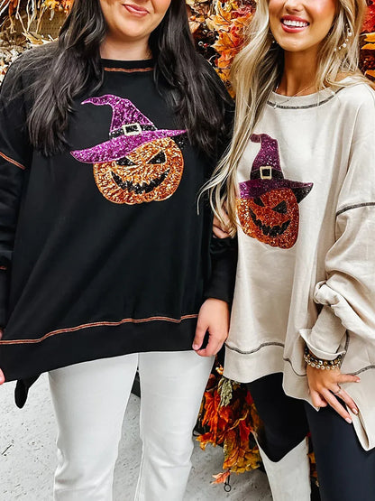 Halloween-sweatshirt voor dames met pompoen en tovenaar van pailletten