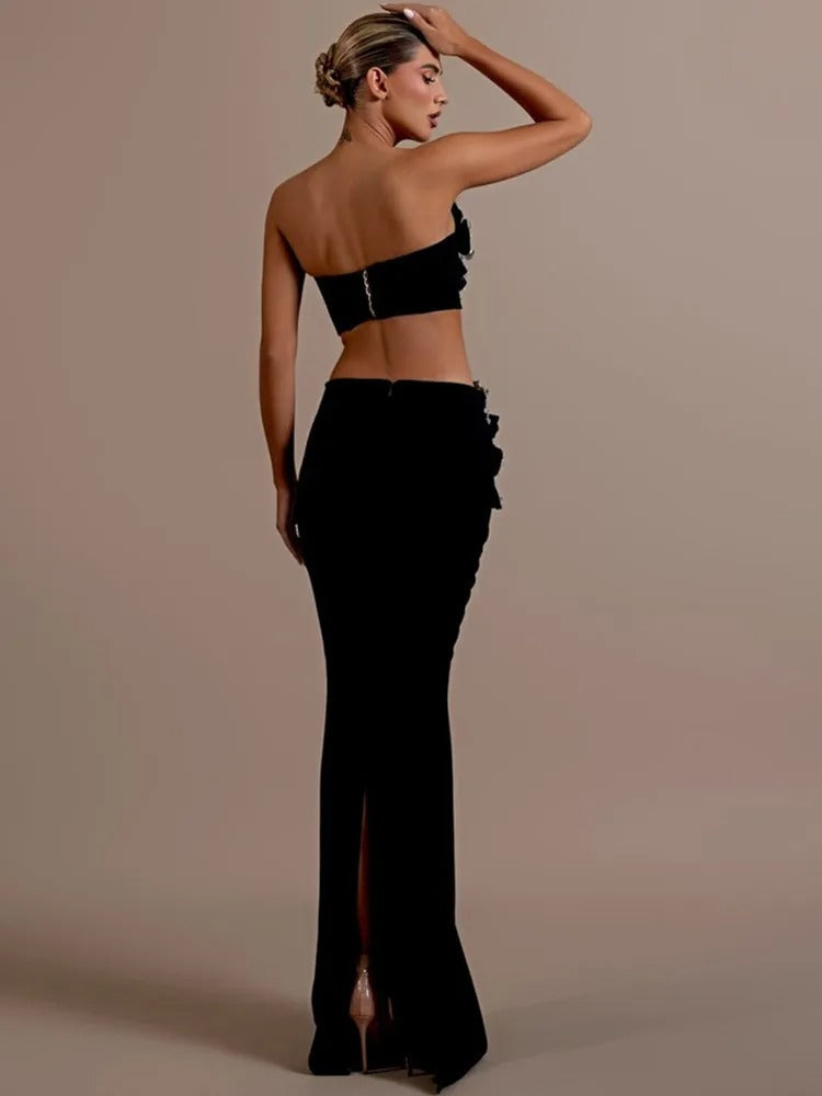 Strapless tweedelige set met diamanten bandage-design