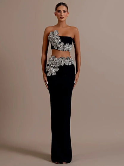 Strapless tweedelige set met diamanten bandage-design
