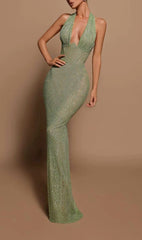 Prachtige Groene Pailletten Halter Maxi Jurk