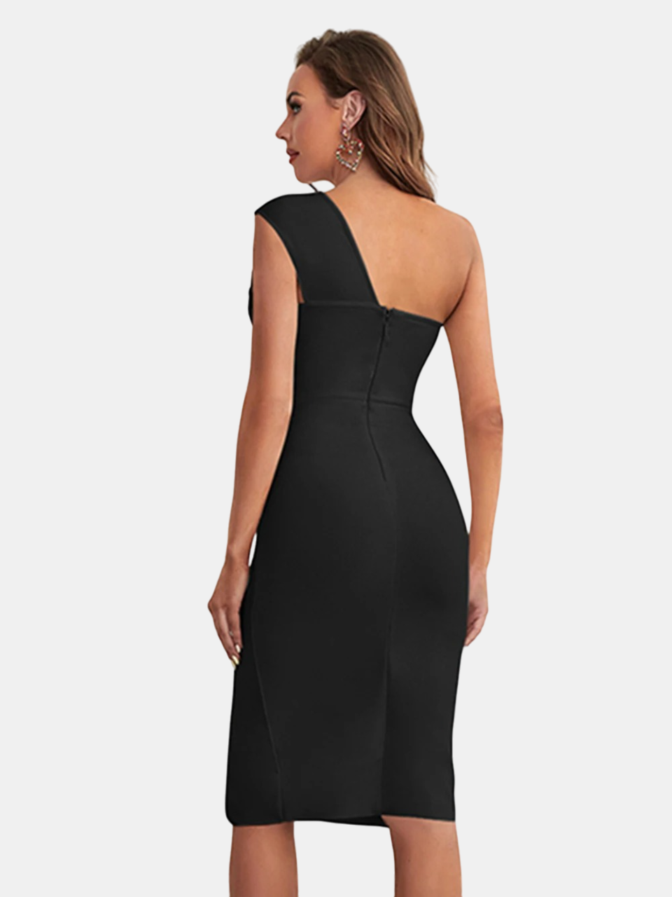 Elegante zwarte midi-jurk met één schouder