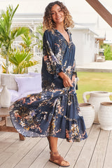 Beth indigo midi-jurk met ruches en kraag