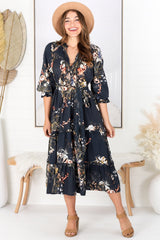 Beth indigo midi-jurk met ruches en kraag