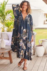 Beth indigo midi-jurk met ruches en kraag