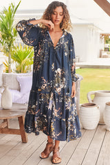 Beth indigo midi-jurk met ruches en kraag