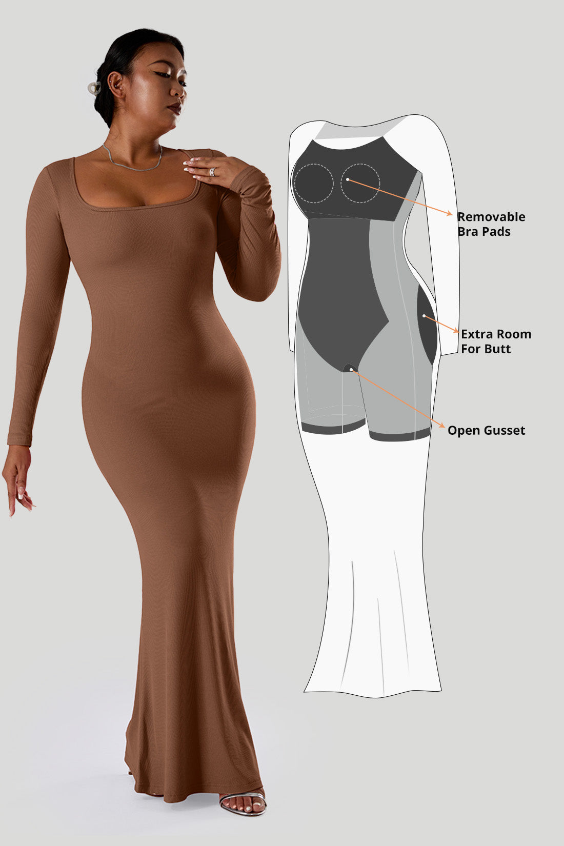 Effen jurk met lange mouwen en ingebouwde shapewear
