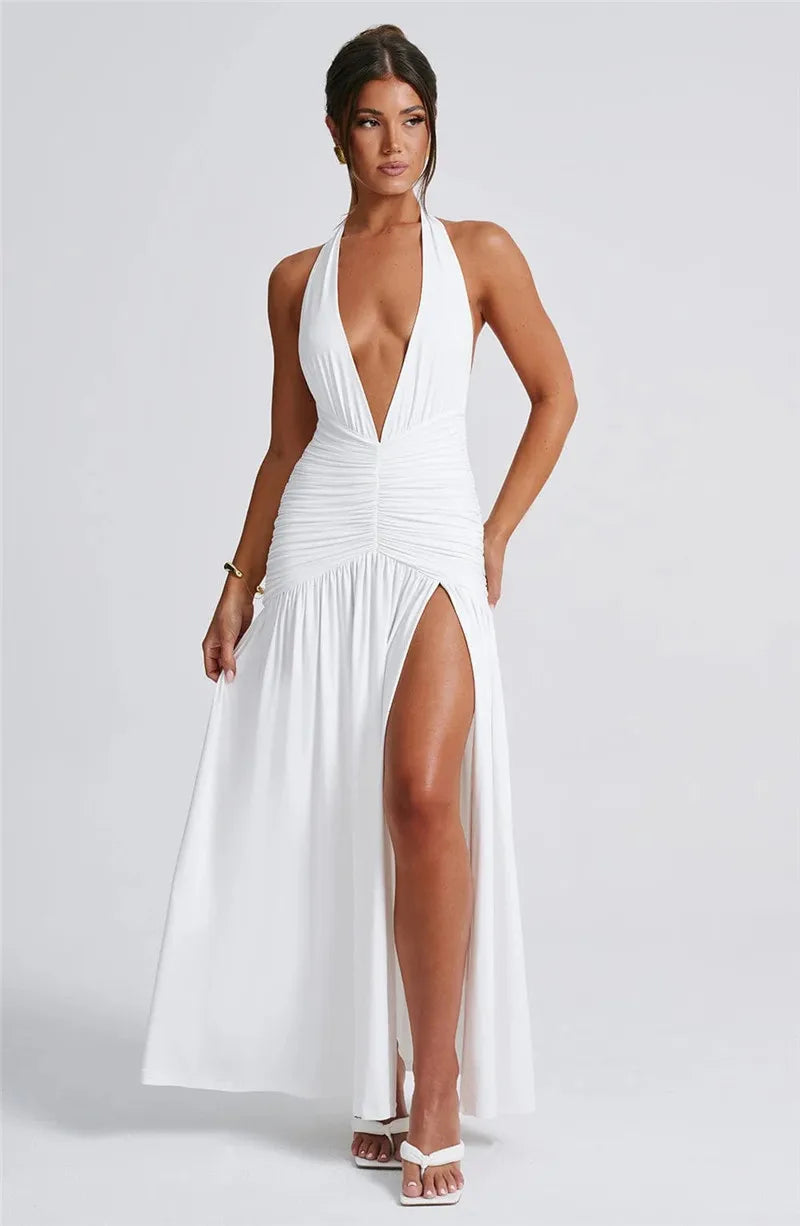 Elegante halter-maxi-jurk met diepe V-hals