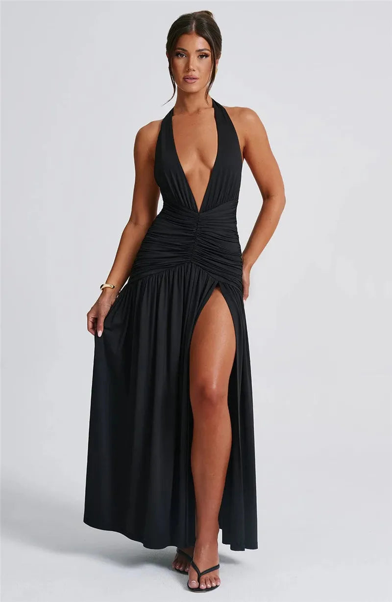 Elegante halter-maxi-jurk met diepe V-hals