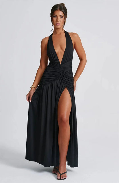 Elegante halter-maxi-jurk met diepe V-hals