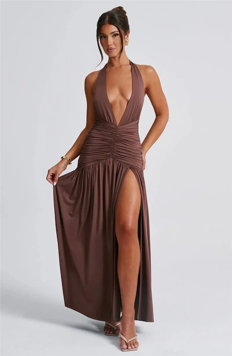 Elegante halter-maxi-jurk met diepe V-hals