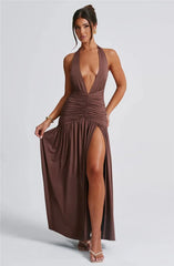 Elegante maxi-jurk met diepe V-hals en halter