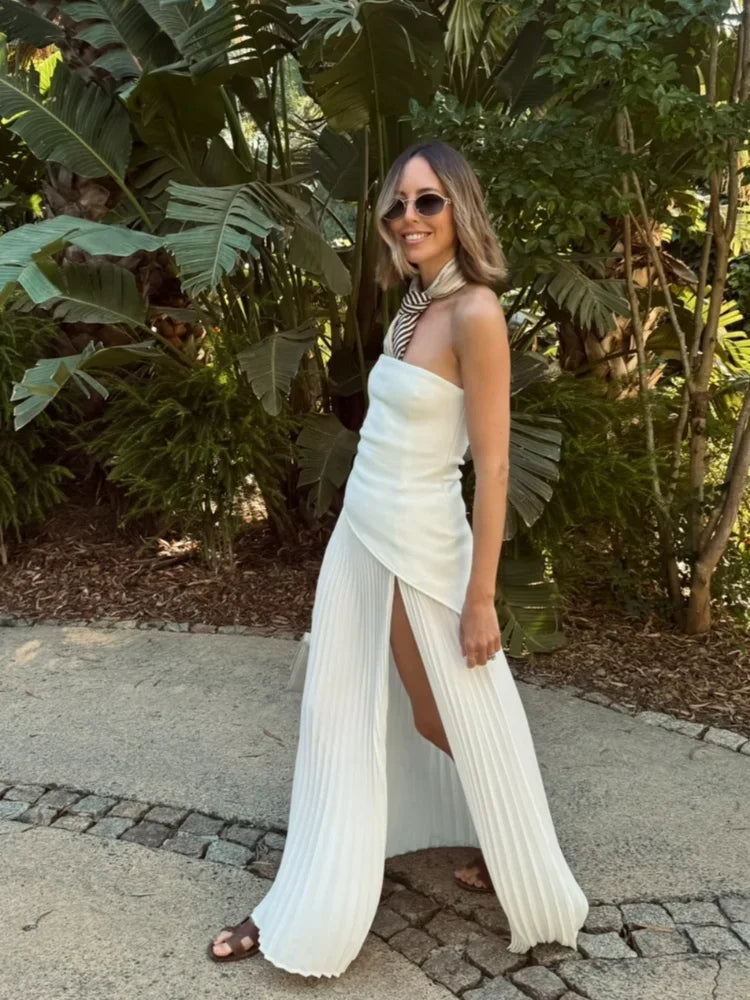 Chique strapless maxi-jurk met geplooide zoom