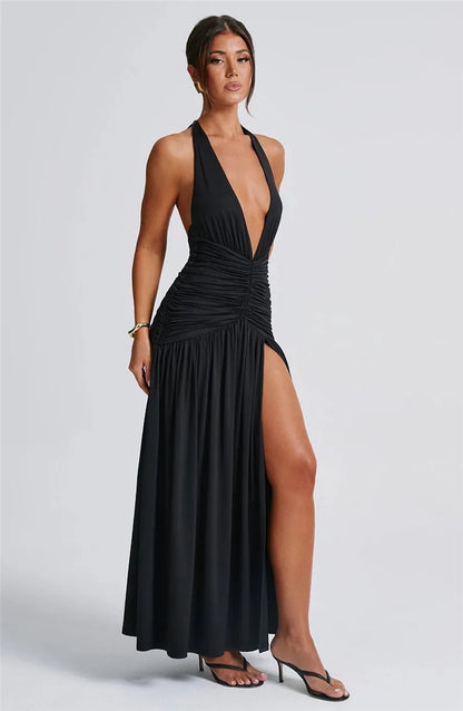 Elegante halter-maxi-jurk met diepe V-hals