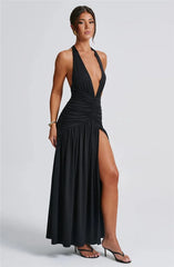 Elegante maxi-jurk met diepe V-hals en halter