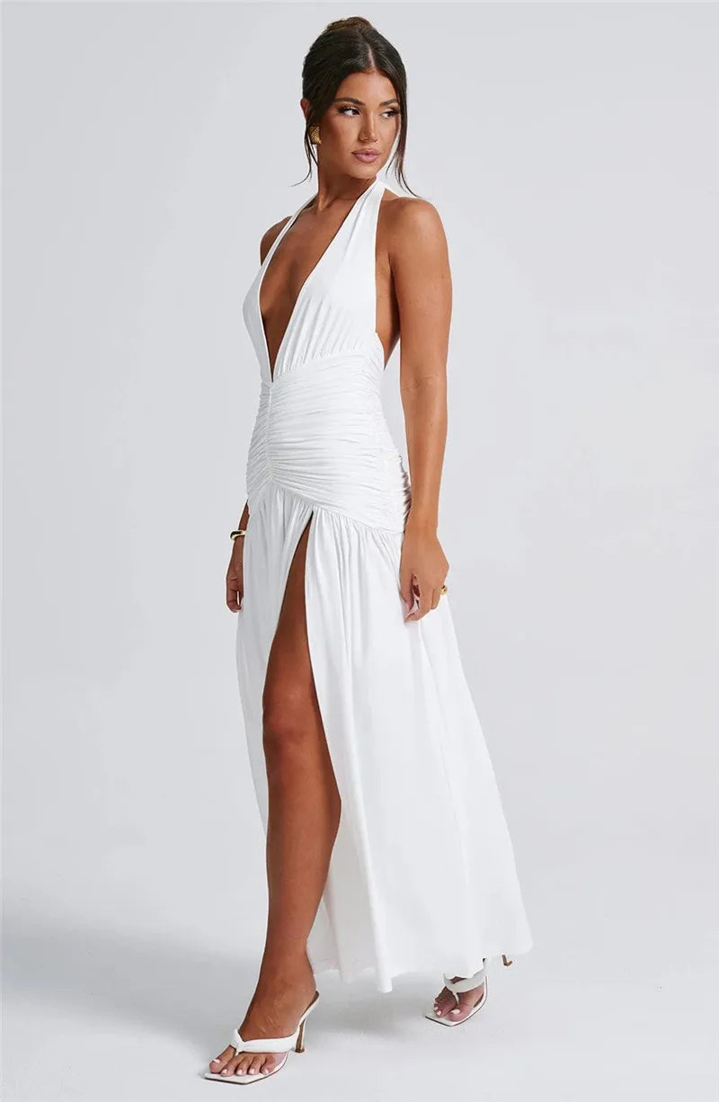 Elegante halter-maxi-jurk met diepe V-hals