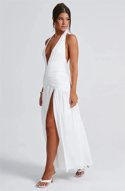 Elegante halter-maxi-jurk met diepe V-hals