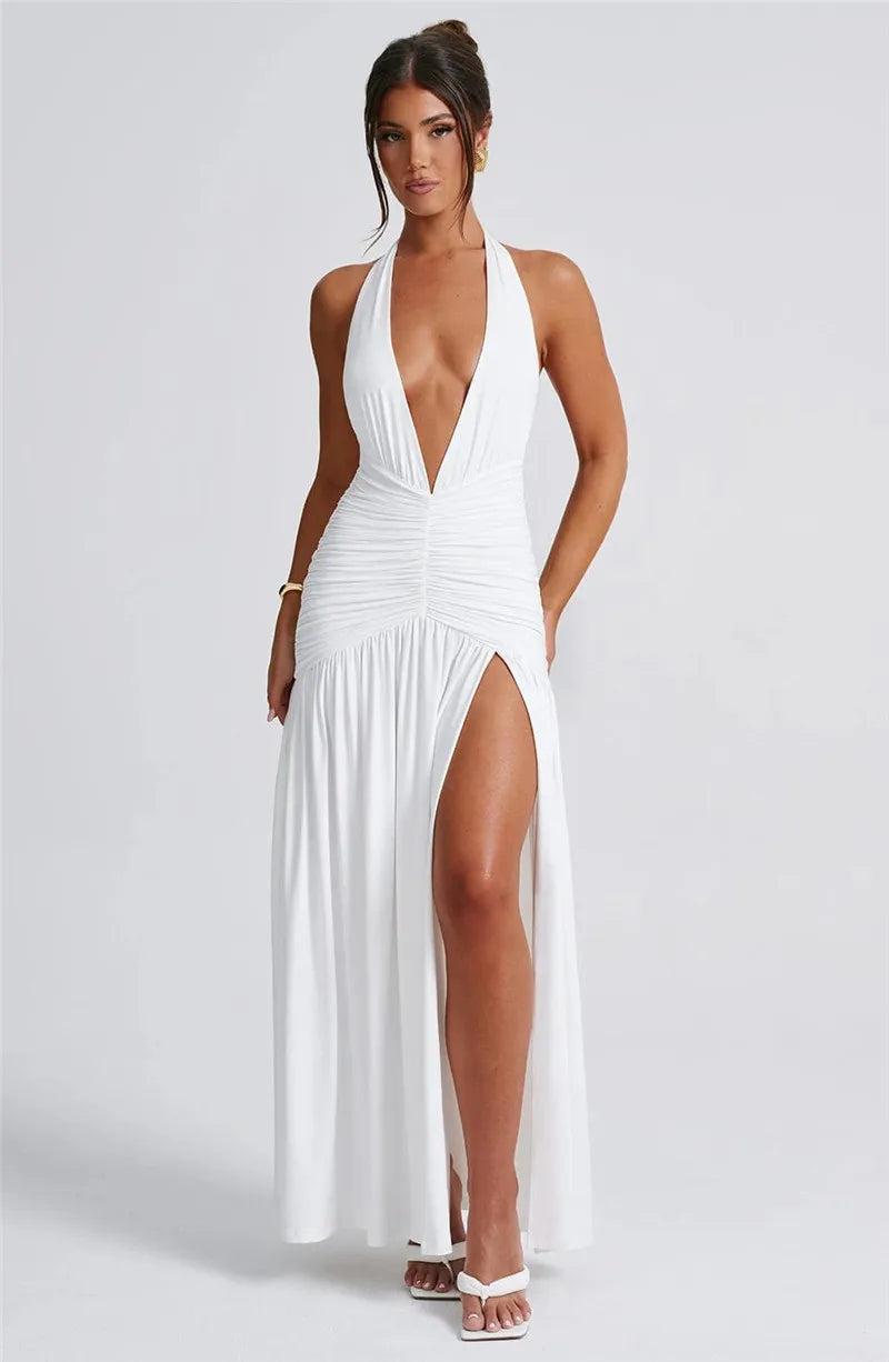 Elegante halter-maxi-jurk met diepe V-hals