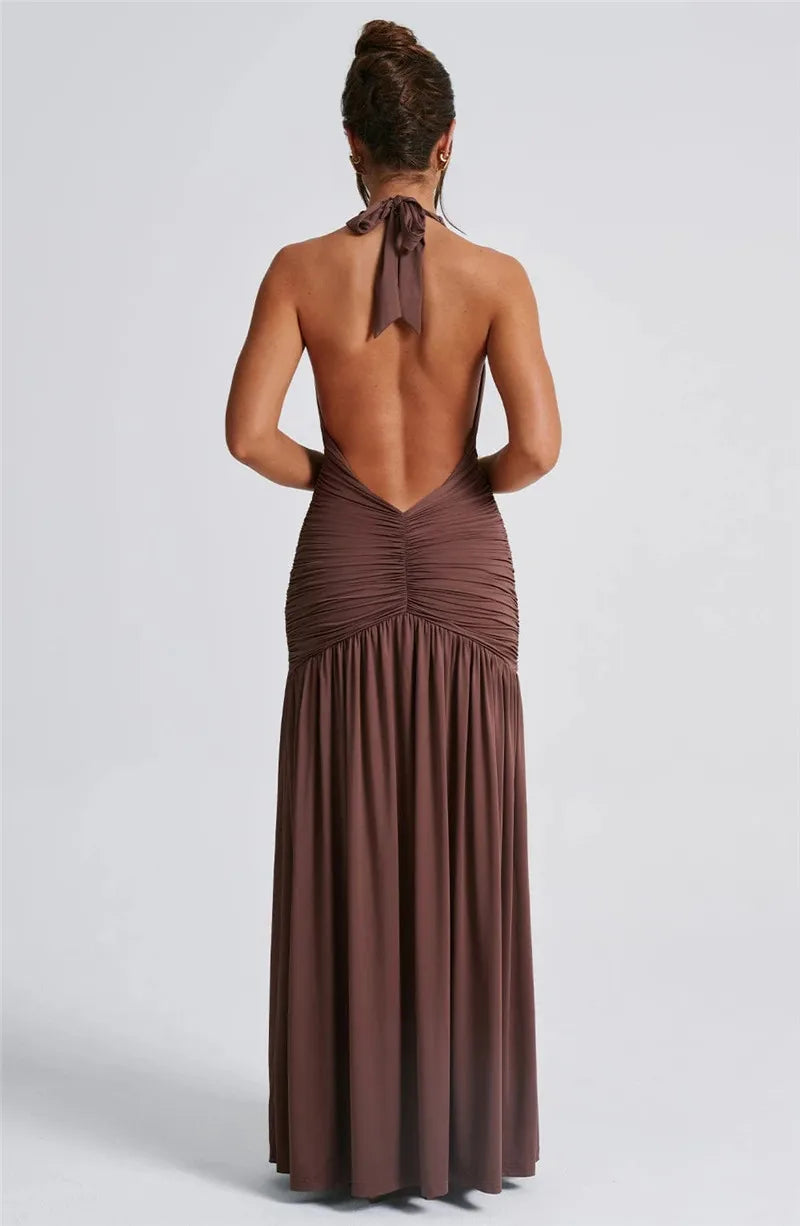 Elegante halter-maxi-jurk met diepe V-hals