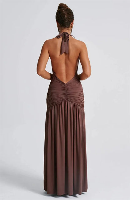 Elegante halter-maxi-jurk met diepe V-hals
