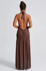 Elegante maxi-jurk met diepe V-hals en halter