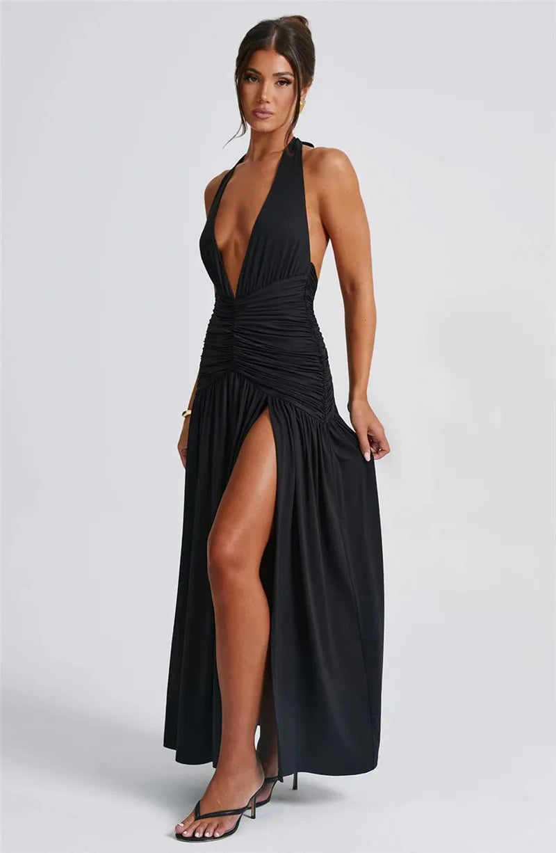 Elegante halter-maxi-jurk met diepe V-hals