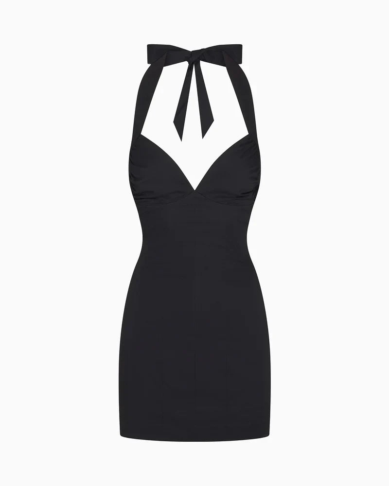 Rugloze halter-mini-jurk met diepe V-hals