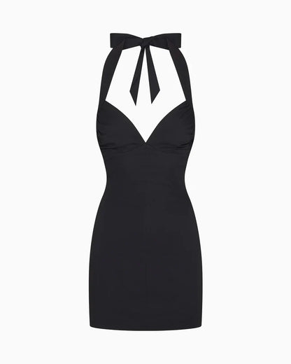 Rugloze halter-mini-jurk met diepe V-hals
