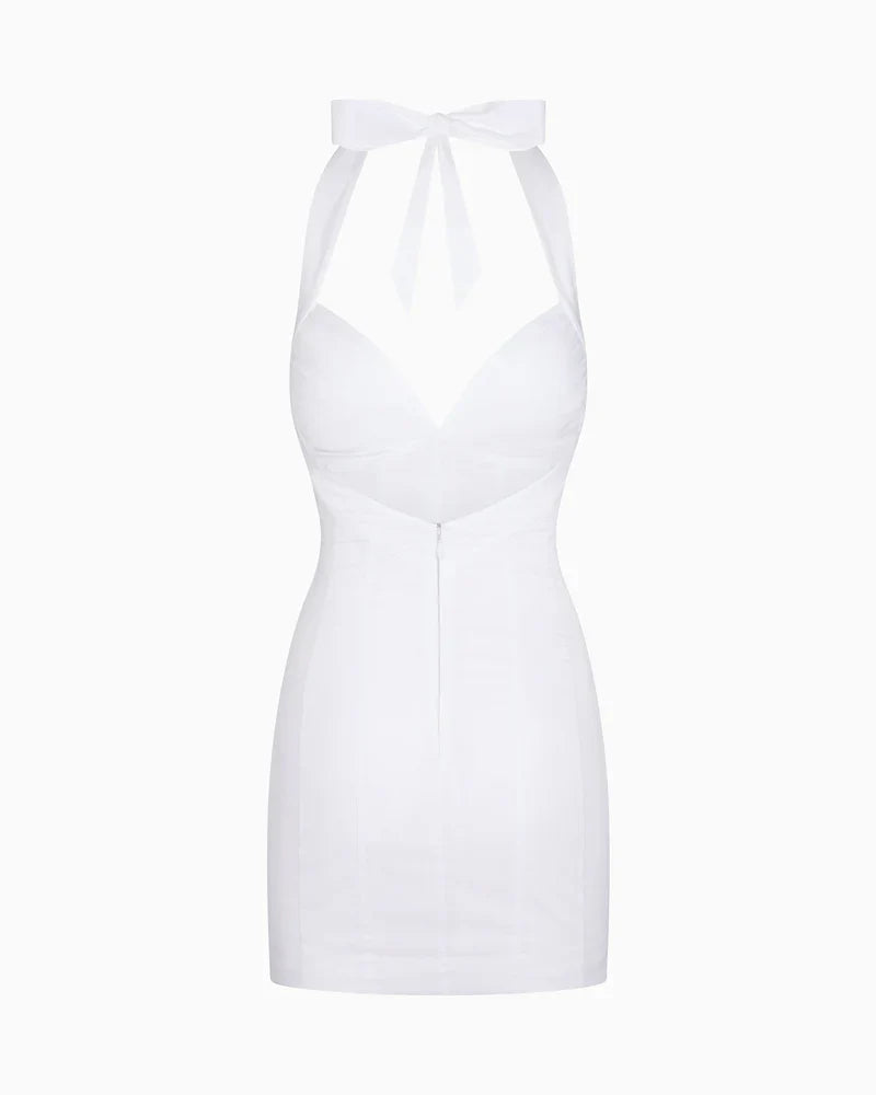 Rugloze halter-mini-jurk met diepe V-hals