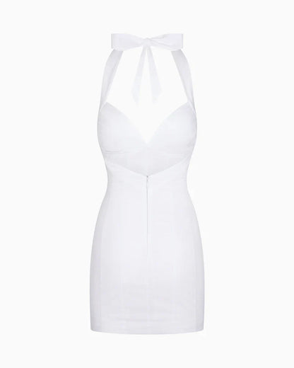 Rugloze halter-mini-jurk met diepe V-hals