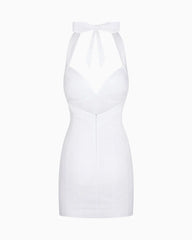 Diepe V-rugloze halter mini-jurk
