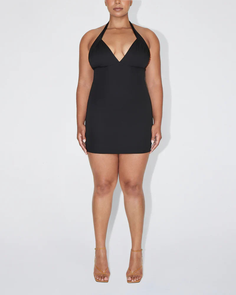 Rugloze halter-mini-jurk met diepe V-hals