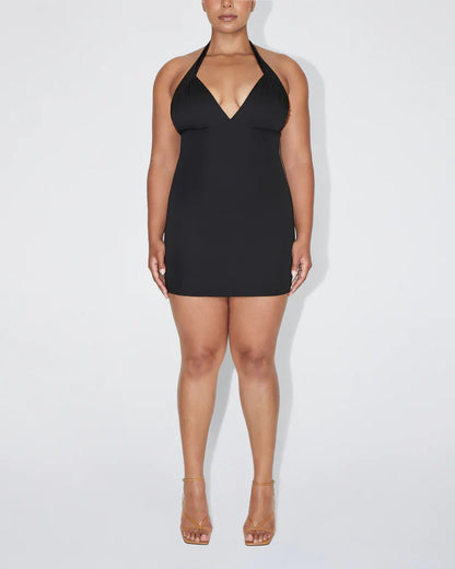 Rugloze halter-mini-jurk met diepe V-hals