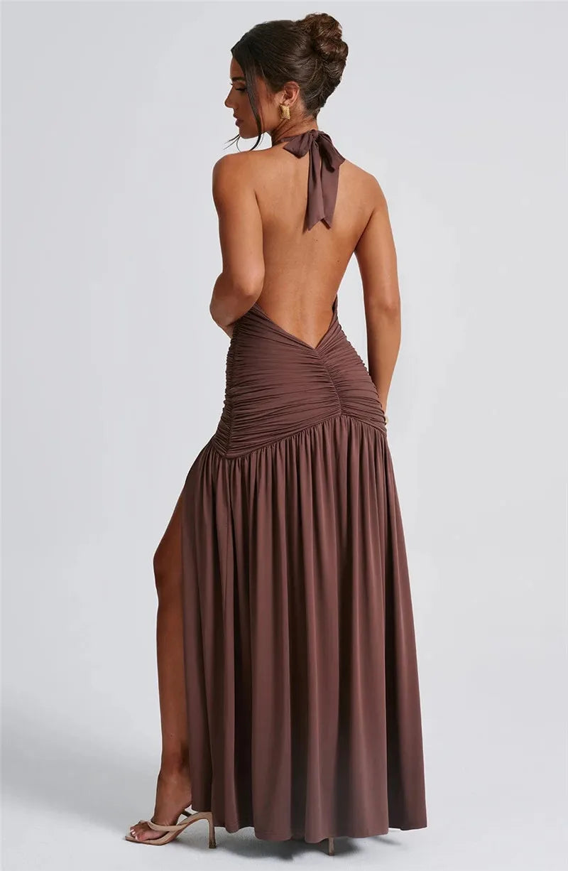 Elegante halter-maxi-jurk met diepe V-hals
