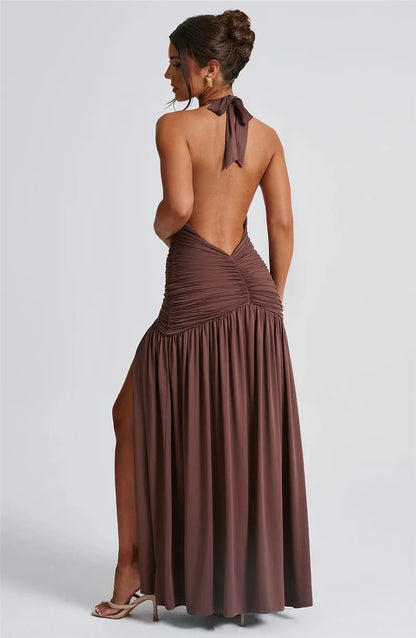 Elegante halter-maxi-jurk met diepe V-hals