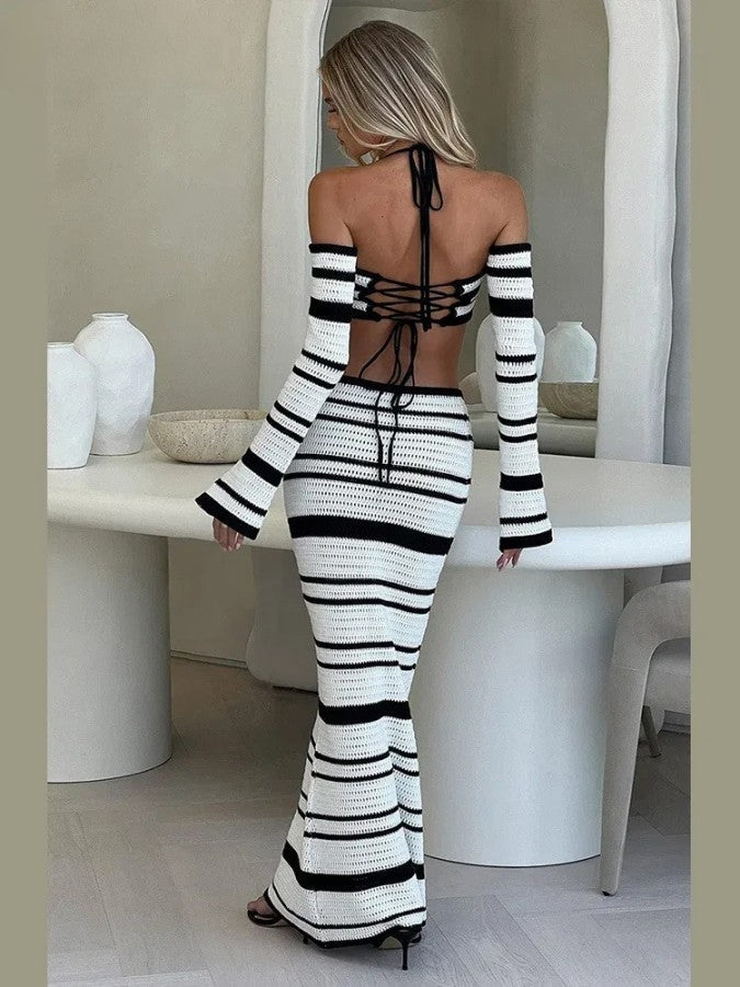 Dunne gebreide crop tops en lange rokken
